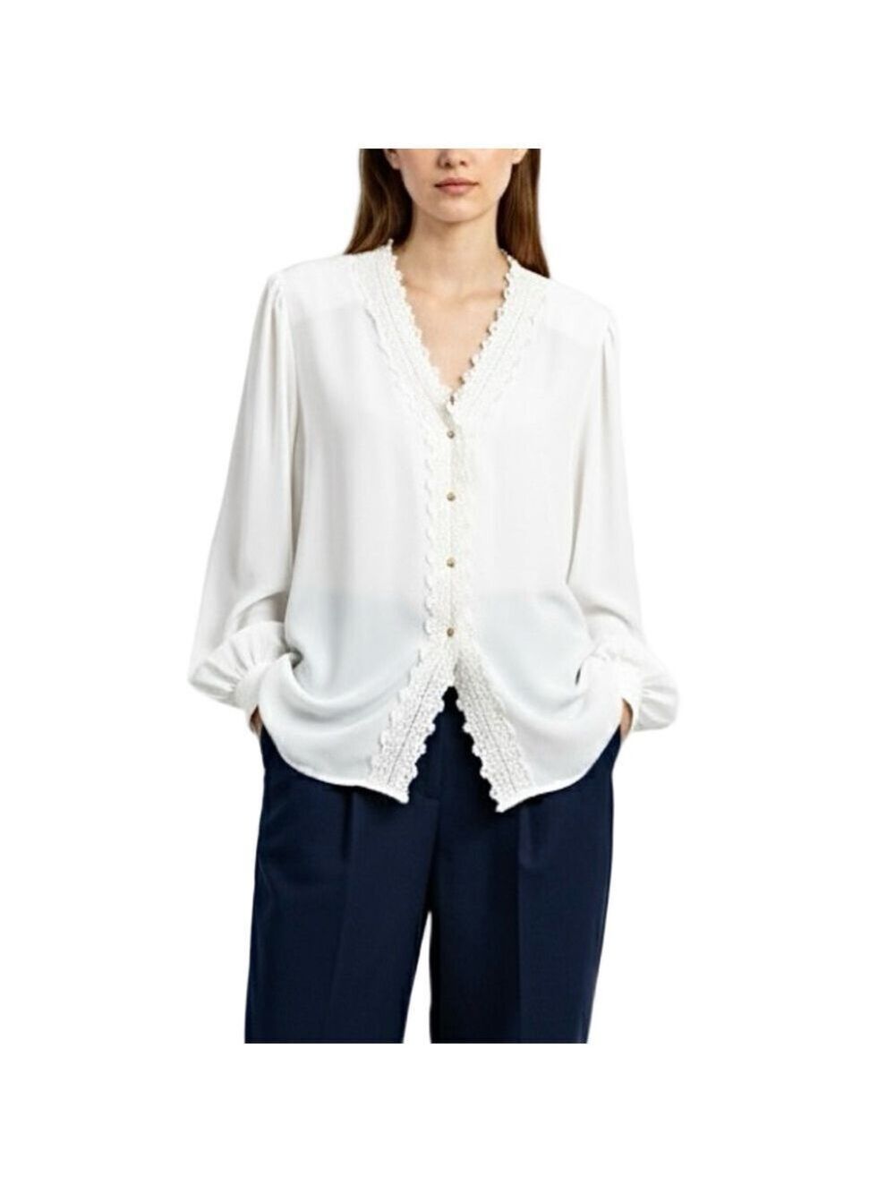 Vintage 90s Marc Allan ivory white lace placket deep v neck flowy blouse 10